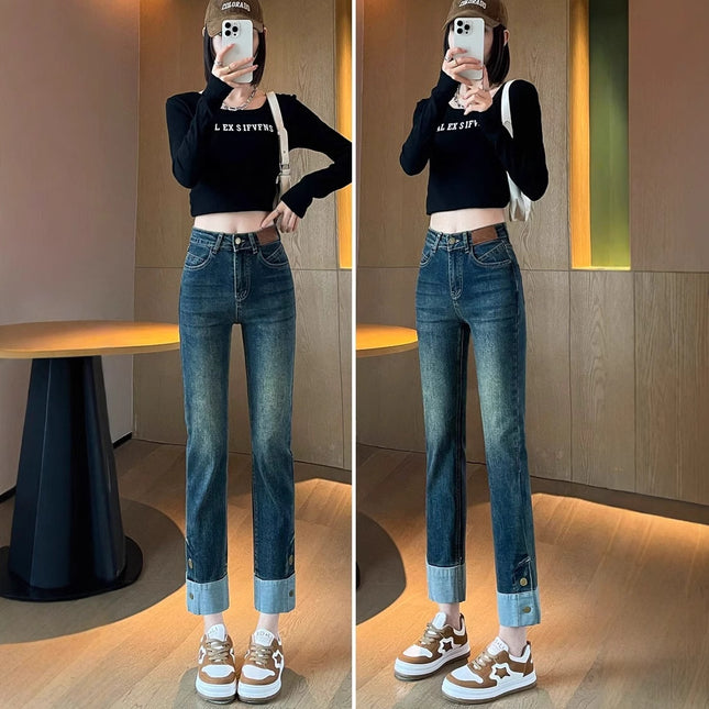 Black straight jeans women's autumn and winter 2023 new high waist European small curling narrow pipe pants