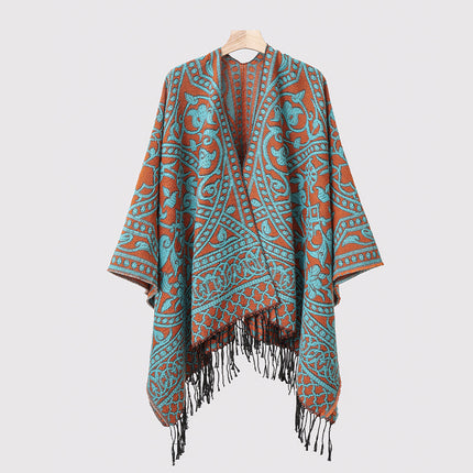 New Cross-Border Retro Cloud Totem Jacquard Ethnic Style Shawl Cloak Sichuan-Xizang Xinjiang Travel Photo Slit Scarf