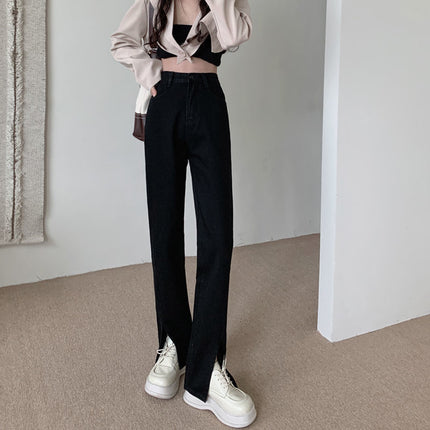 Spring New High Waist Split Jeans Women's Wide Leg Loose Large Size Slimming Straight Dipped Split Floor Trousers