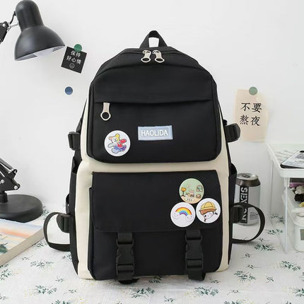 New School Bag Backpack Female Korean Version Canvas Large Capacity Five-Piece Set Middle School Student Backpack Student School Bag Female