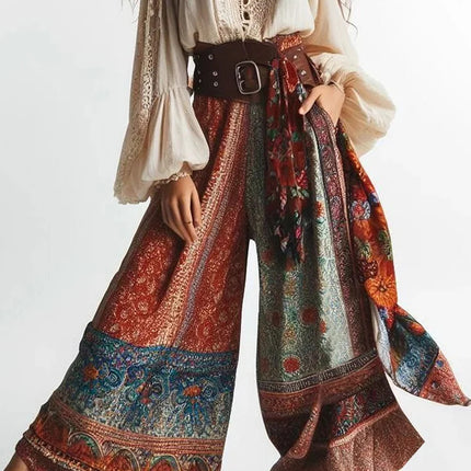 2025 Europe and the United States cross-border TEMU new hot selling Bohemian ethnic style printed color matching fashion casual pants women
