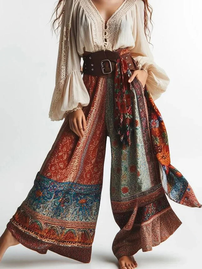 2025 Europe and the United States cross-border TEMU new hot selling Bohemian ethnic style printed color matching fashion casual pants women