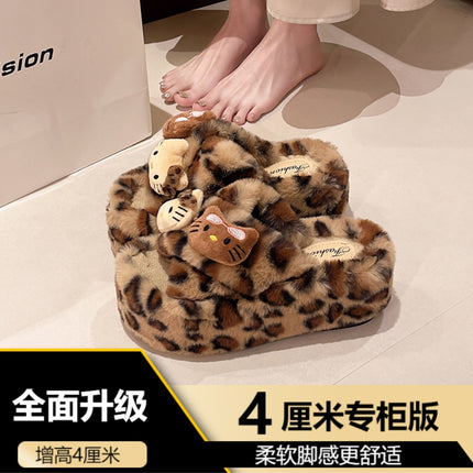 Leopard Print Thick-Soled One-Word Furry Slippers for Women's Outer Wear 2025 New Spring, Autumn and Winter Indoor Home Popular Cotton Slippers