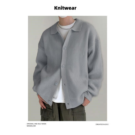 Army Green Lapel Knitted Cardigan Men's Spring & Fall Korean Style Simple High-End Casual Loose Lazy Style Sweater Jacket