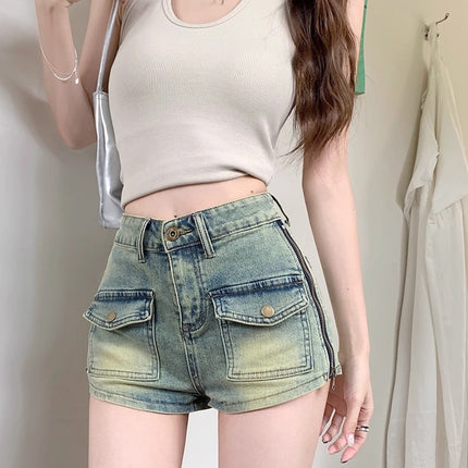 Summer Thin Retro Hip-Covering Zipper Workwear Denim Shorts for Women, Summer Petite Hot Girls Slimming Ultra-Short Hot Pants