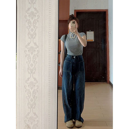 Blue-Gray Elegant Slimming High-Waisted Jeans 2025 Wide-Leg Petite Drape Floor-Length Pants Personality High Street Women