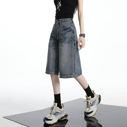 Raccoon House # American Retro Design Niche Lightning Denim Shorts Women's High-Waisted Loose Straight Wide-Leg Cropped Pants