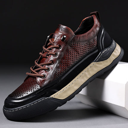 Men's Board Shoes Casual Leather Shoes Men's Summer Hollow Breathable Leather Sandals Real Cowhide sneaker Youth Shoes Black