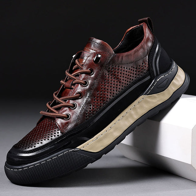 Men's Board Shoes Casual Leather Shoes Men's Summer Hollow Breathable Leather Sandals Real Cowhide sneaker Youth Shoes Black