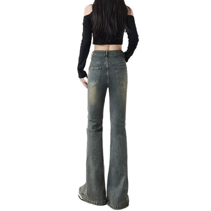 Pear-Shaped Figure Retro Distressed Flared Slit Jeans for Women, Spring and Autumn, Plus Size, High-Waisted, Slimming, Flared Pants