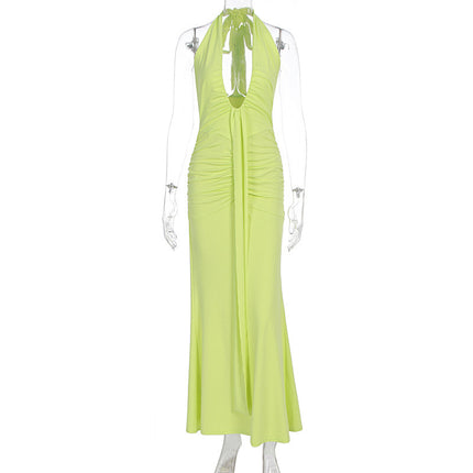 Celebrity Style Cross-Border New Long Dress Solid Color Halterneck Hollow Ribbon Lace-Up Light Luxury High-End Sexy Dress