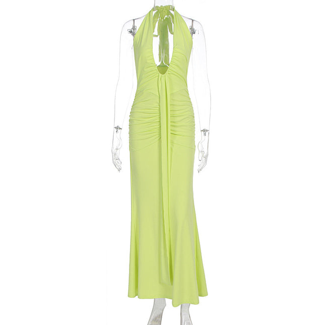 Celebrity Style Cross-Border New Long Dress Solid Color Halterneck Hollow Ribbon Lace-Up Light Luxury High-End Sexy Dress