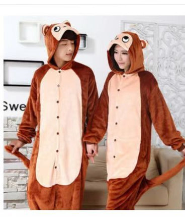 Mixed Batch of Animal Brown Monkey Adult Cartoon One-Piece Pajamas Autumn and Winter Flannel Thickeneded Toilet Version Home Clothes