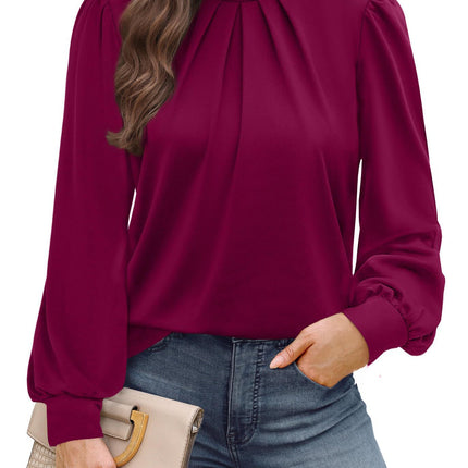 European and American Amazon Cross-Border Autumn and Winter New Long-Sleeved Shirt Small Stand-Up Collar Pleated Front Shirt Casual T-Shirt Top for Women