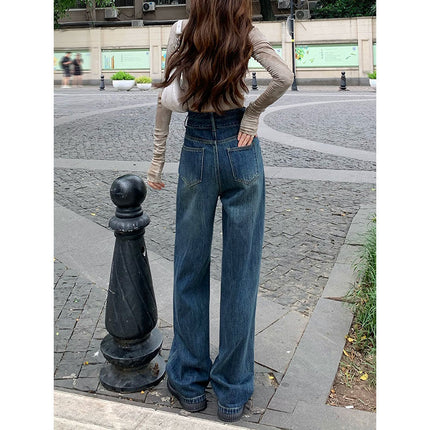 2025 Two-Button Drapey Floor-Length Pants Korean Style Petite Wide-Leg Pants High-Waisted Jeans Retro Vintage Women's