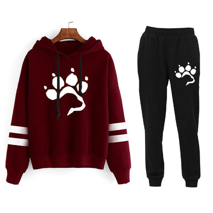 AliExpress Amazon Cross-border Love Dog Foot Print Parallel Bars Striped Print Hooded Sweatshirt suit Ladies