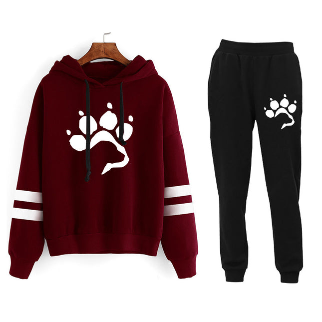 AliExpress Amazon Cross-border Love Dog Foot Print Parallel Bars Striped Print Hooded Sweatshirt suit Ladies