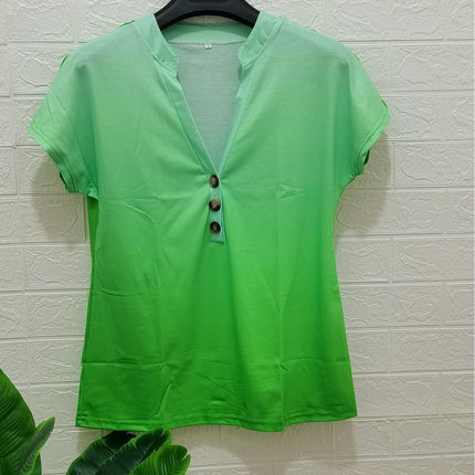 European and American Cross-Border 2024 Export Spring and Summer New Products Amazon Wish Gradient Printed Twist Button Fashion Short-Sleeved T-Shirt for Women