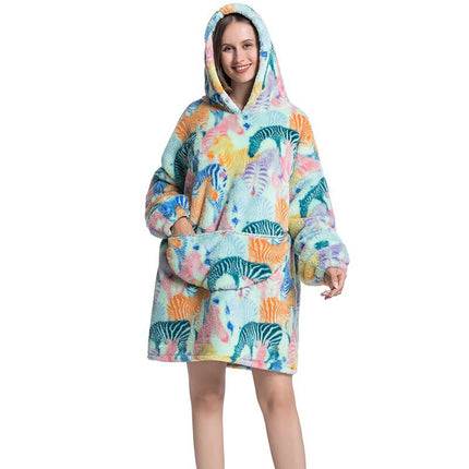 Cross-border New Printed Flannel Pullover Adult Cotton Velvet Lazy Clothing Cape Nightgown Warm Thickened Cold-proof Clothing