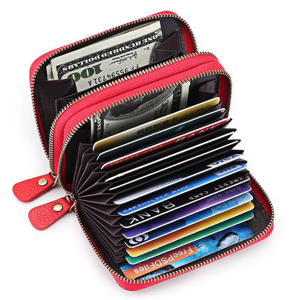 [Low Price Big Sale] First-Layer Cowhide Double-Layer Zipper Accordion Card Holder Women's Anti-Magnetic Genuine Leather Card Holder Large Capacity