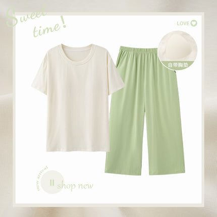 Summer Women's Pet Skin-feeling Cool Cotton Morandi Color-based Home Clothes Girl's Short-sleeved Cropped Pants Pajamas with Chest Pad
