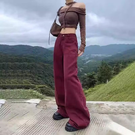 2025 Burgundy Wide-Leg Jeans for Women, Summer New Thin High-Waisted Loose Drape Denim Floor-Length Versatile Pants