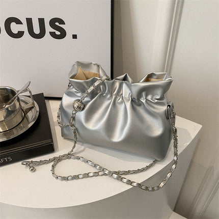 High-End Cross-Body Pleated Niche Mobile Phone Bag Mini Small Bag for Women 2025 New Soft Leather White Bucket Bag