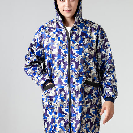 Hooded Camouflage Long Workwear for Adults, Oil-Proof and Waterproof Blue Coat, Unisex Work Uniform with Printed Text, Loose Fit