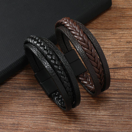 2023 European and American Cross-Border Amazon Retro Leather Rope Braided Bracelet Ethnic Style Magnetic Clasp Men's Bracelet Handmade