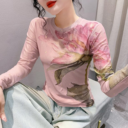 Light luxury round neck bottoming shirt 2023 autumn new fashion slimming printed long sleeve top versatile small shirt for women