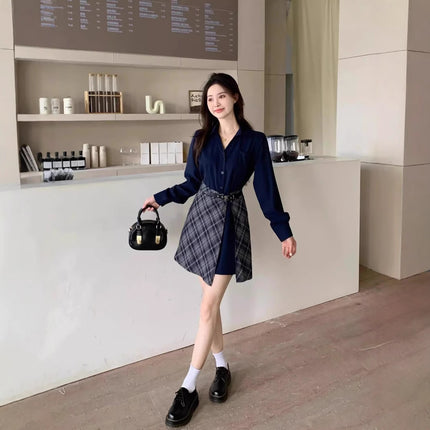 Fashionable Design Fake Two-Piece Shirt Dress Early Spring New Women's French Style Plaid Short Skirt
