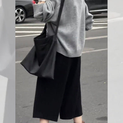 Black Three-Quarter Woolen Pants for Women, Loose Wiring, 2025 Autumn and Winter New Style, Relaxed Tone, Thickeneded Casual Wide-Leg Pants