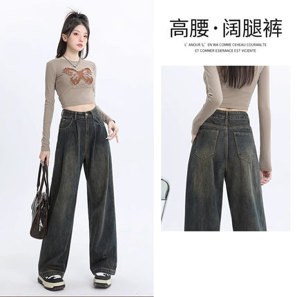 Cement Grey Wide Leg Jeans Women's Spring and Autumn Fashion All-match New High Waist Slimming Pleated Casual Floor Trousers