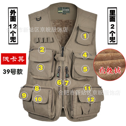 Winter clothing warm vest men's multi-pocket and velvet thickened leisure vest outdoor travel mountaineering outdoor winter wear cold clothing
