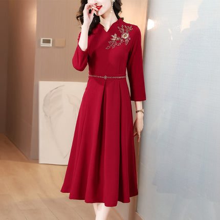 Xi mother-in-law wedding dress wine red dress dress 2023 autumn new mother dress fashion retro elegant dress