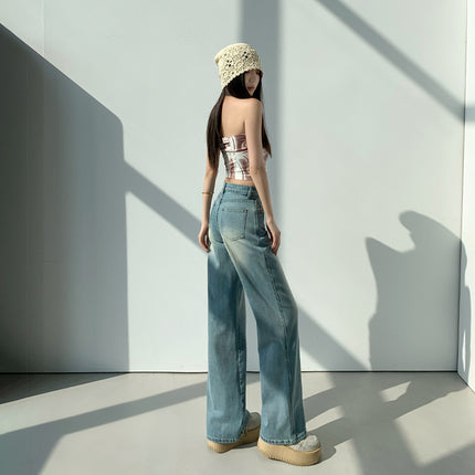Washed Vintage High Waist Jeans Women's 2025 Spring New Loose Dipped Slim Look Narrow Straight Wide Leg Pants