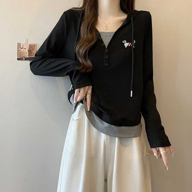 Real shot 2024 autumn new chubby girl plus size fake two dog embroidery hooded long sleeve T-shirt Joker top