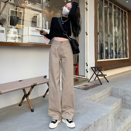 Khaki fleece-lined thick straight jeans women's pants autumn and winter one-piece velvet wide-leg pants lambswool mop pants
