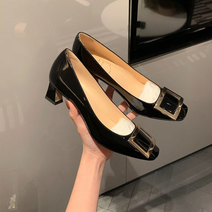 In-Stock Sheepskin Version ~ Grape Mom's Same Style Square Buckle Square Toe Shallow High Heels Women's Spring Chunky Heel Flat Commuting Shoes
