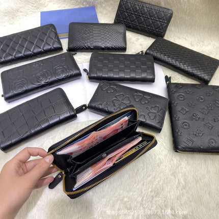 Long Wallet, Classic Style, Embossed Leather Wallet, Cross-Border First-Layer Cowhide, Fashionable Coin Purse, Clutch Bag, Coin Purse