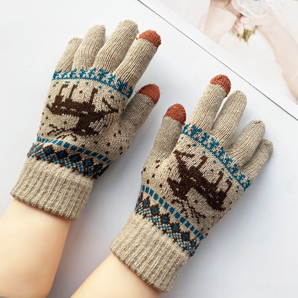 Women's Winter Gloves, Cute, Thickeneded, Cold-Proof, Student Warm Knitted Wool, Cartoon Deer, Five-Finger Touch Screen, Windproof and Split-Fingered