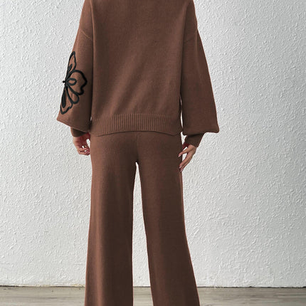 Cross-Border European and American Women's Clothing Set: Ribbon Embroidery Floral Half-High Collar Lantern Sleeve Pullover Sweater and Straight Wide-Leg Pants Two-Piece Set