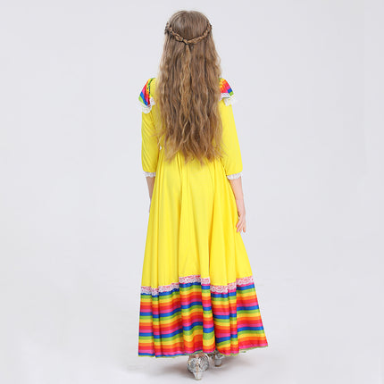 Traditional Mexican Girl Long Dress Ethnic Dance Costume Children Ethnic Style Party Performance Game Costume