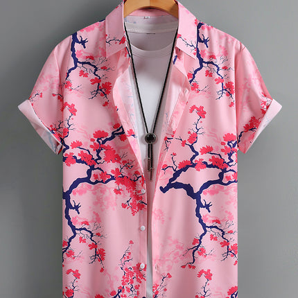 Casual Men's Red Plum Blossom Printed Men's Short-sleeved Shirt Men's Shirt Summer 2025 New Cross-border Exclusive
