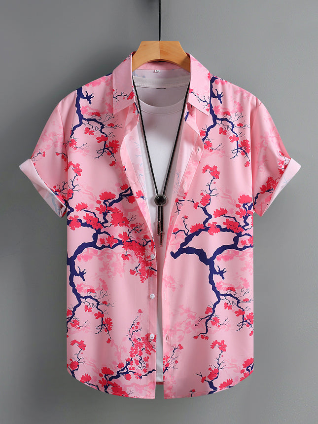 Casual Men's Red Plum Blossom Printed Men's Short-sleeved Shirt Men's Shirt Summer 2025 New Cross-border Exclusive