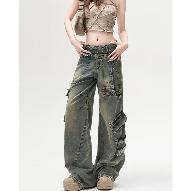 American Style Hot Girl Retro Heavy Industry Design Sense Heavy Industry Multi-Pocket Denim Overalls Women's Autumn and Winter Loose Mop Pants