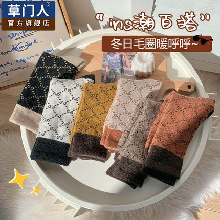 Grassman Socks Women's Pure Cotton Autumn and Winter fleece-lined Thickened Mid-tube Socks Light Luxury Fashion All-match Winter Warm Towel Socks