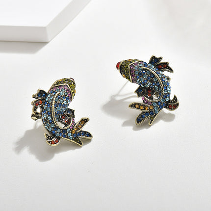 Cross-Border Medieval Vintage Koi Full Diamond Earring Clip French Retro S925 Silver Needle Marking Hd Goldfish Earrings