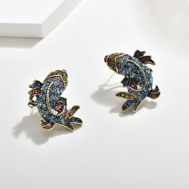 Cross-Border Medieval Vintage Koi Full Diamond Earring Clip French Retro S925 Silver Needle Marking Hd Goldfish Earrings