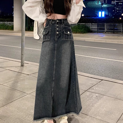 Blue Grey Denim Skirt Women's Trendy All-match New High Waist Slimming Vintage A- Line Mid-length Fishtail Skirt